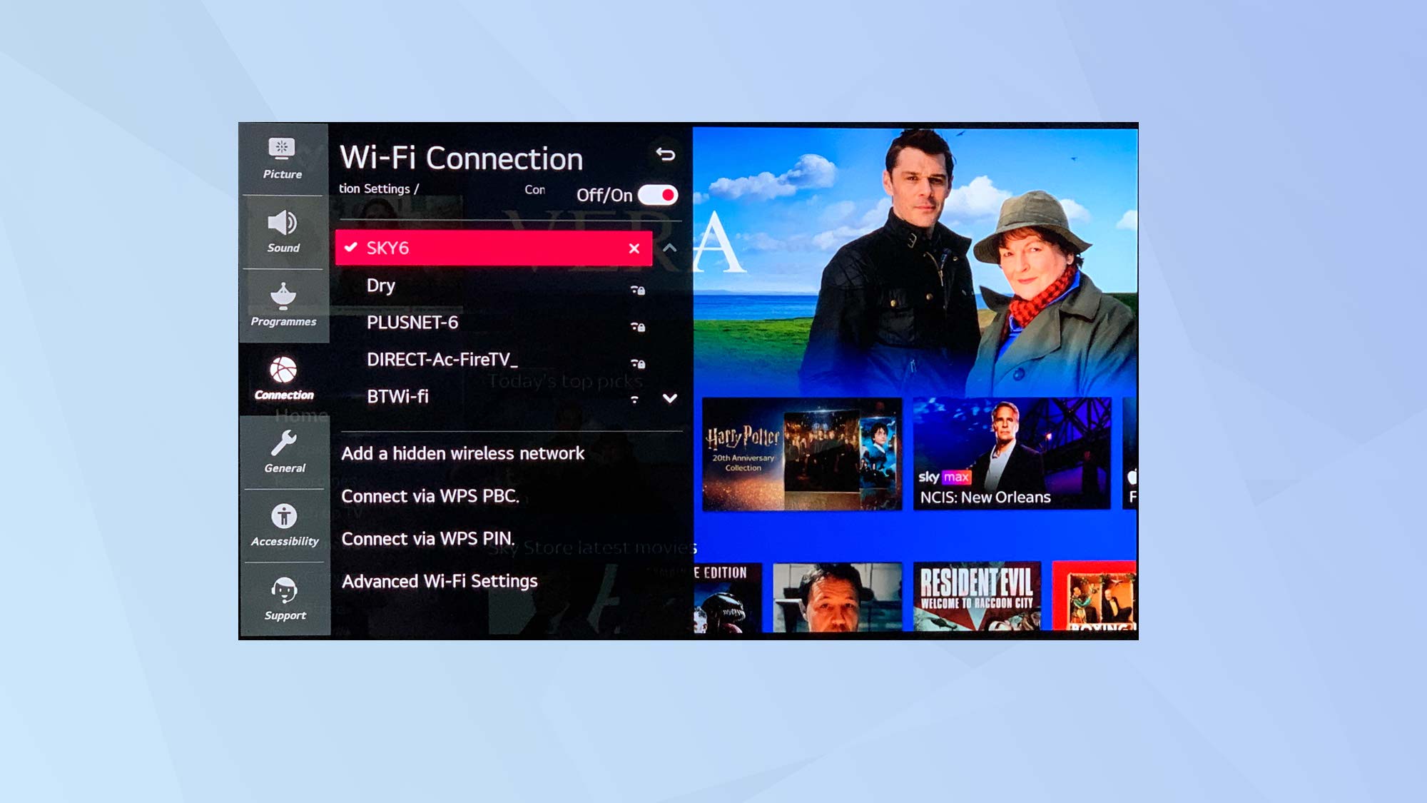 Image of LG TV homepage with Wi-Fi settings highlighted