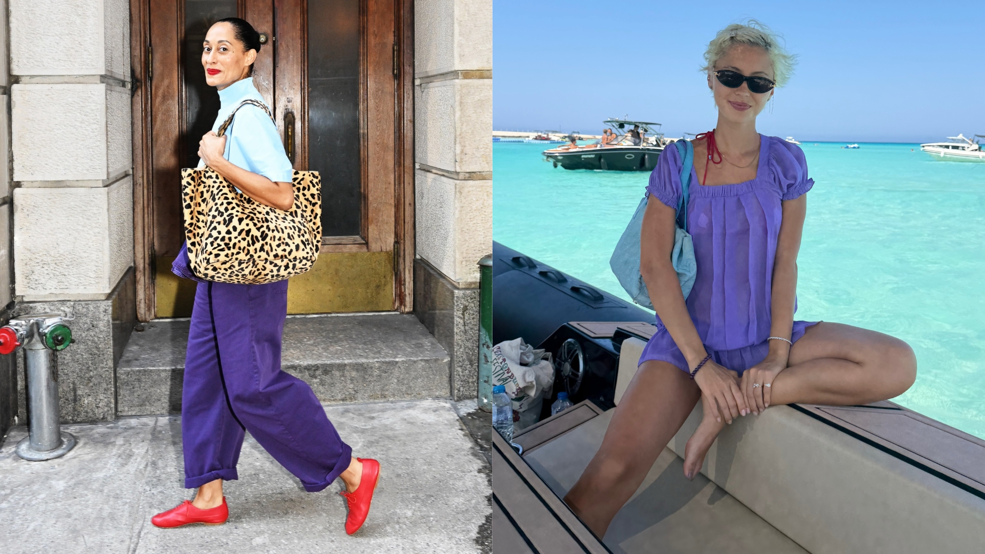Iris Law sits on a boat wearing a purple minidress with a turquoise bag and @traceeellisross walks down the street wearing purple jeans with red Derbies and a turquoise t-shirt.