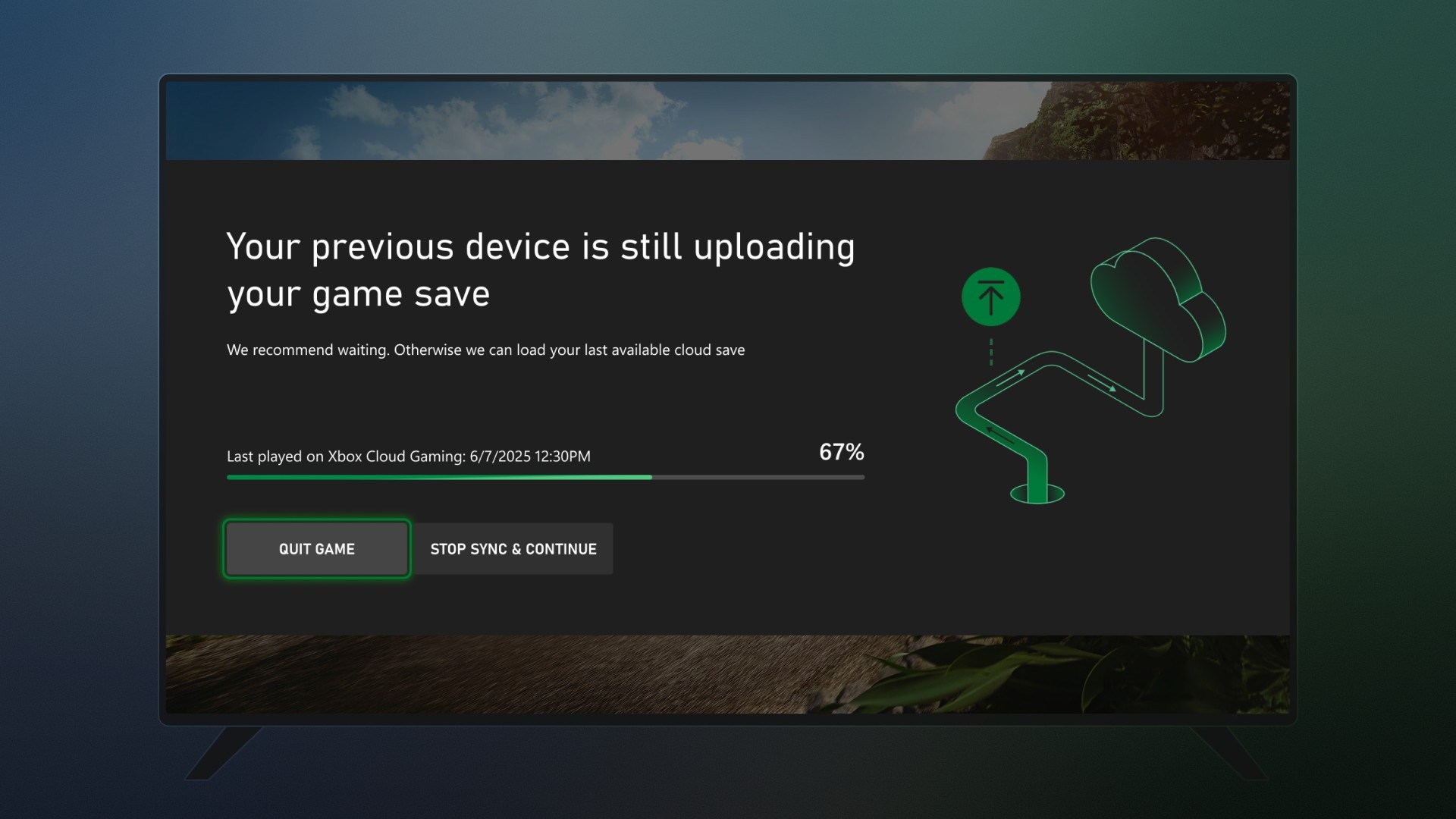 Xbox pop-up showing details on when and where a game was last saved