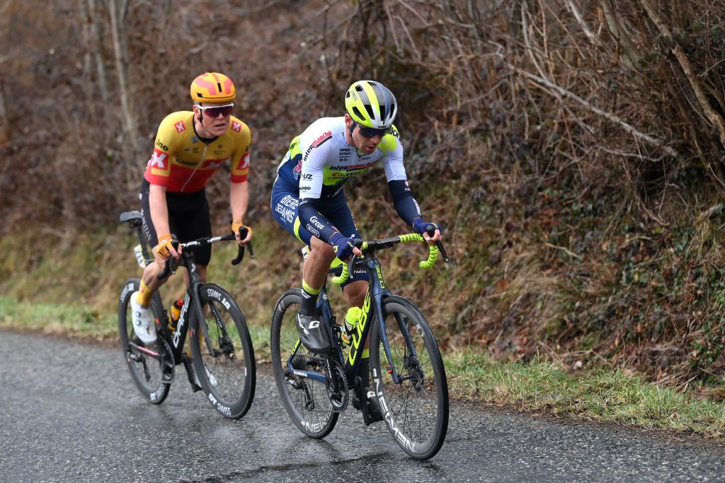 LA LOGE DES GARDES FRANCE MARCH 08 LR Anders Skaarseth of Norway and UnoX Pro Cycling Team and Lilian Calmejane of France and Team Intermarch Circus Wanty compete in the breakaway during the the 81st Paris Nice 2023 Stage 4 a 1647km stage from SaintAmandMontrond to La Loge des Gardes 1077m UCIWT ParisNice on March 08 2023 in La Loge des Gardes France Photo by Alex BroadwayGetty Images