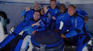 The crew of Blue Origin's NS-21 suborbital mission enjoys their time in space on June 4, 2022. From left to right: Victor Vescovo, Victor Correa Hespanha, Katya Echazarreta, Hamish Harding, Jaison Robinson and Evan Dick.