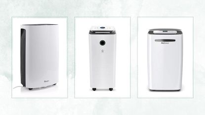 A compilation image showing three of the best dehumidifiers on a light blue background