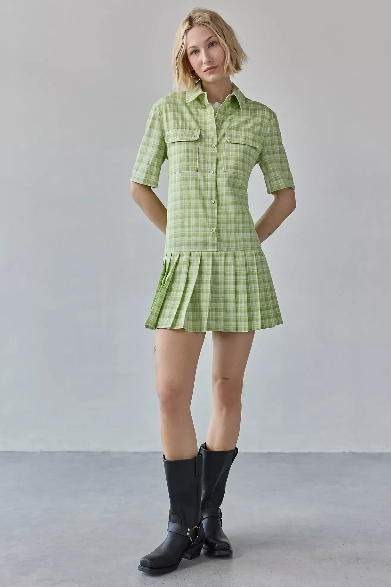 Another Girl Drop Waist Pleated Shirt Mini Dress