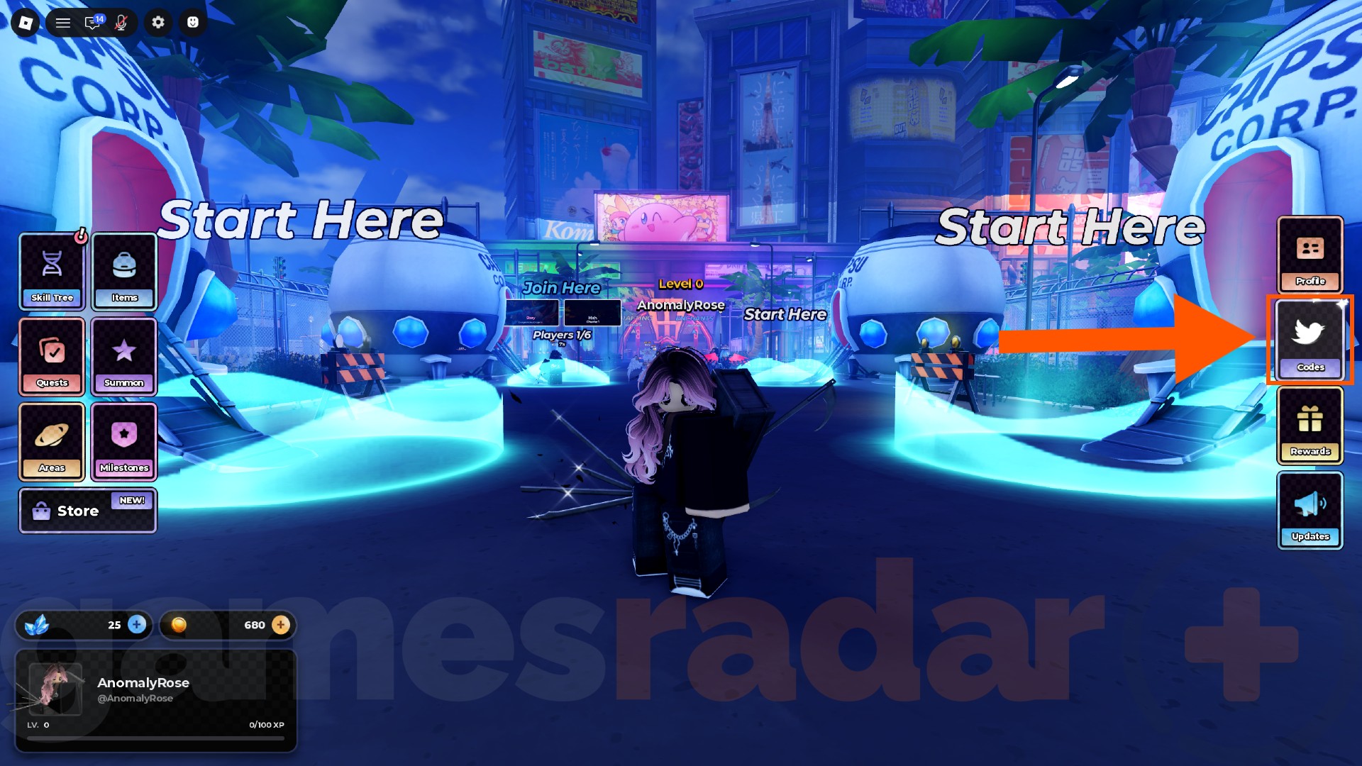 An orange arrow points to the codes button where you can redeem Anime Zero codes in-game.