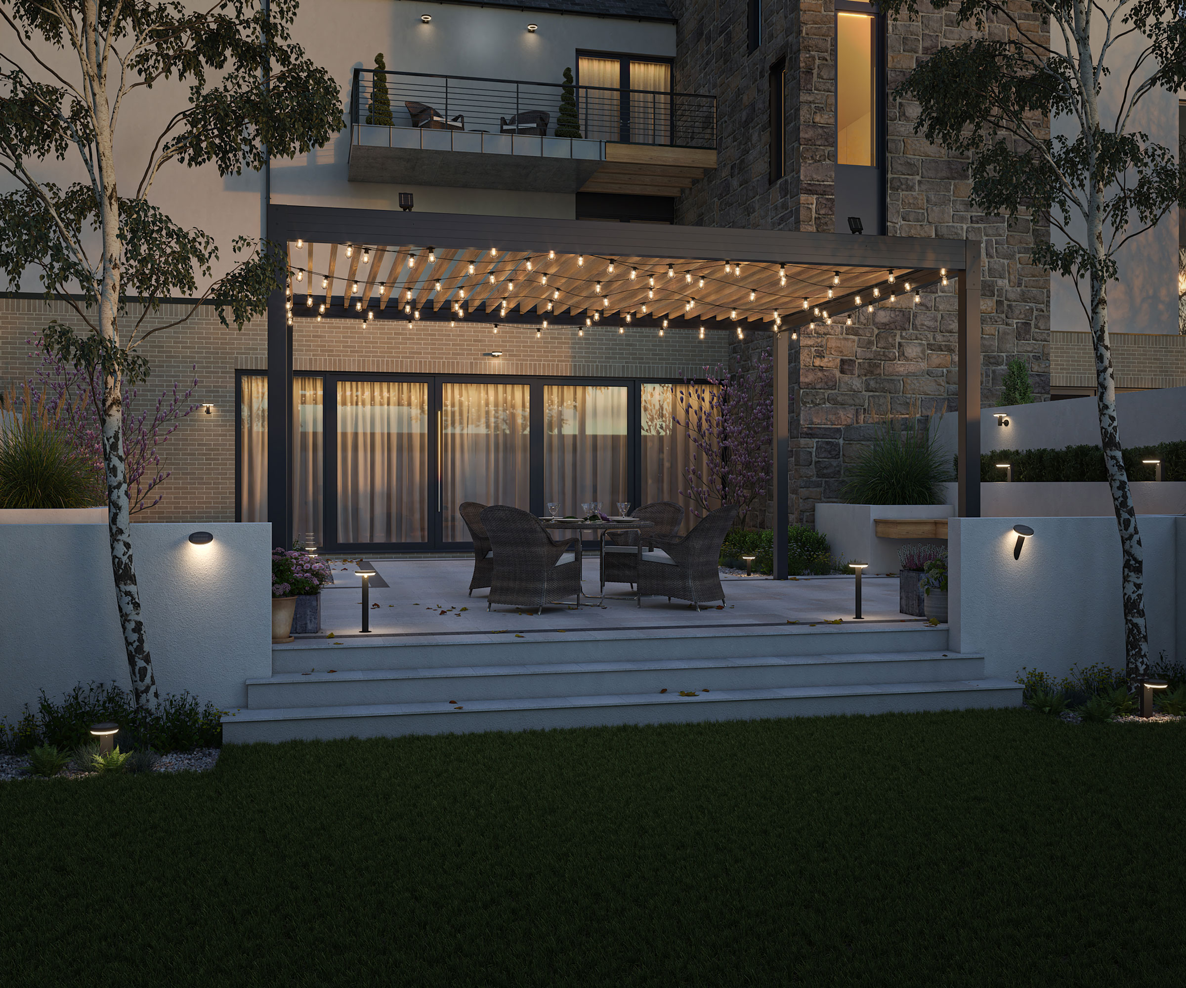 back garden lighting design with festoon lights, up-lights, down-lights, lawn, garden steps, trees, pergola and garden furniture