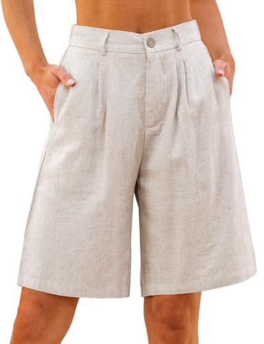 Luvamia Bermuda Shorts for Women High Waisted Linen Dressy Casual Pleated Wide Leg Summer Shorts With Elastic Waist Beige Size Small Fits Us 4-6