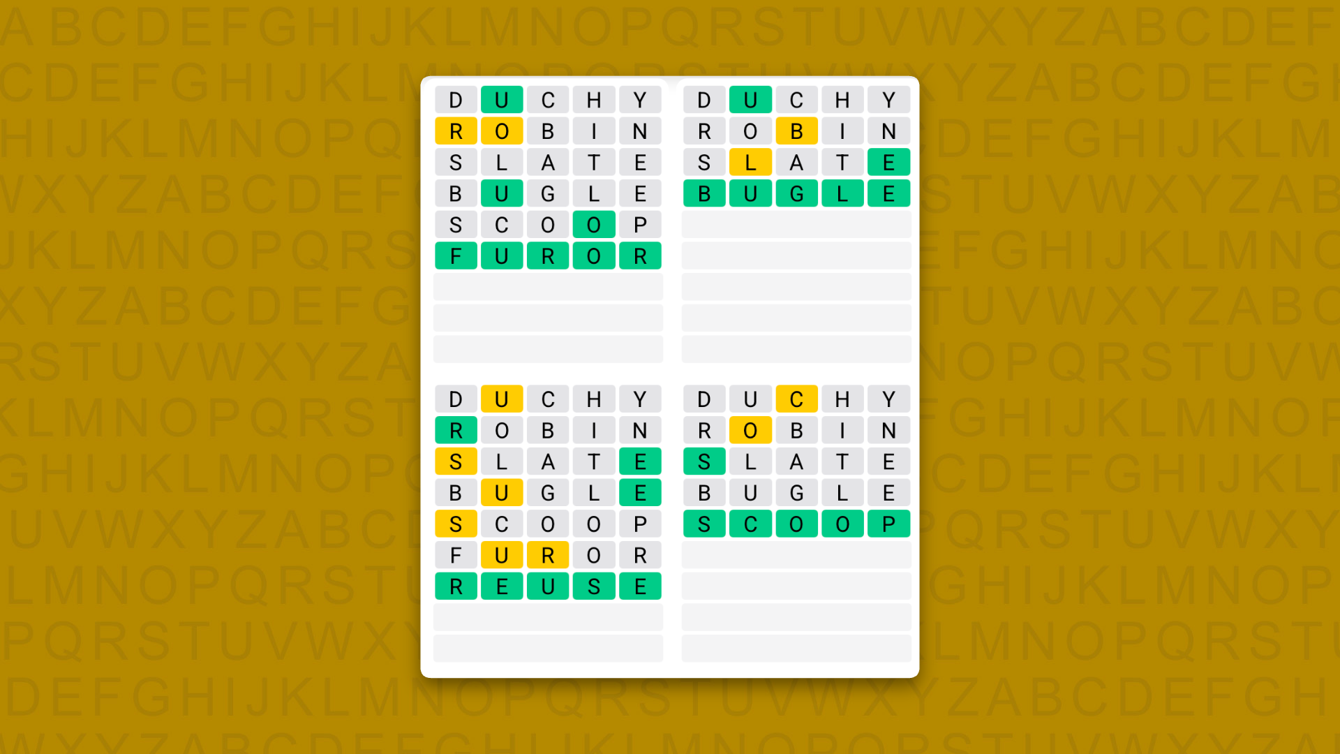 Quordle answers for game 1657 on a yellow background