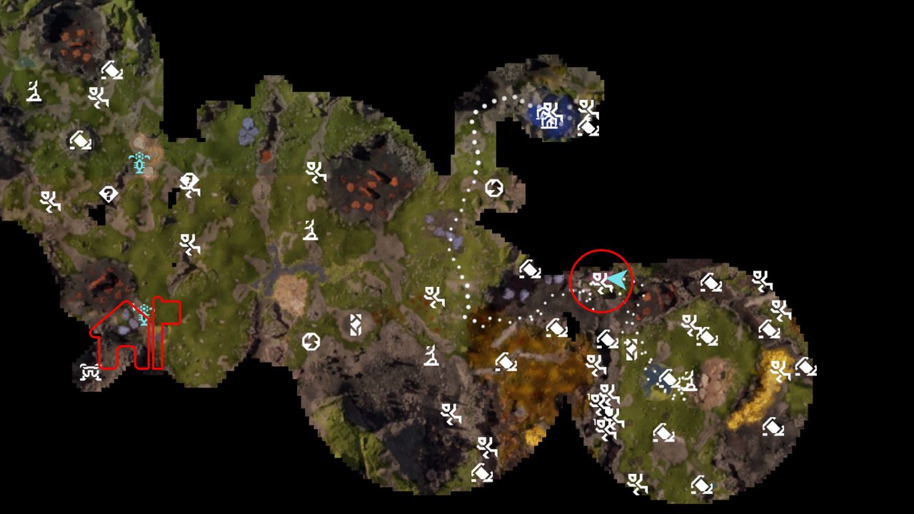 StarRupture Helium location: A map with a red circle to the east showing the location of a Helium deposit, and a red house icon to the west representing the orbital lander.