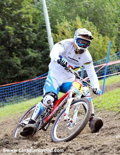 Steve Peat, racing for the first time in his World Champ's jersey