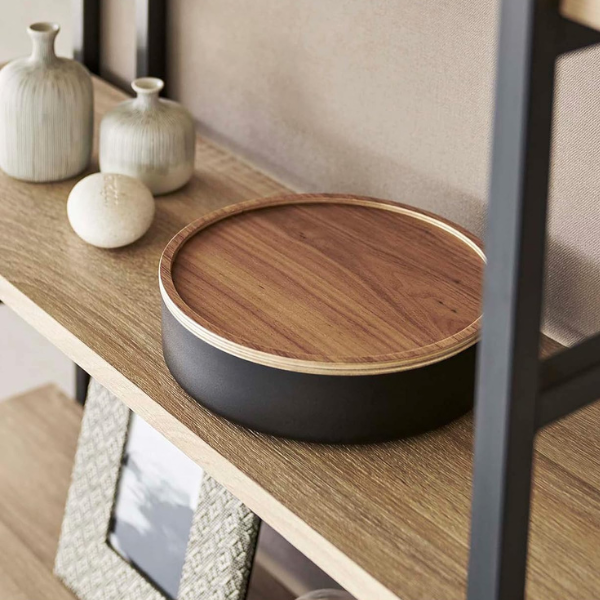 YAMAZAKI 5800 RIN Storage Case With Lid Round, black, Steel/Wood, Minimalist, 22 x 22 x 6 cm