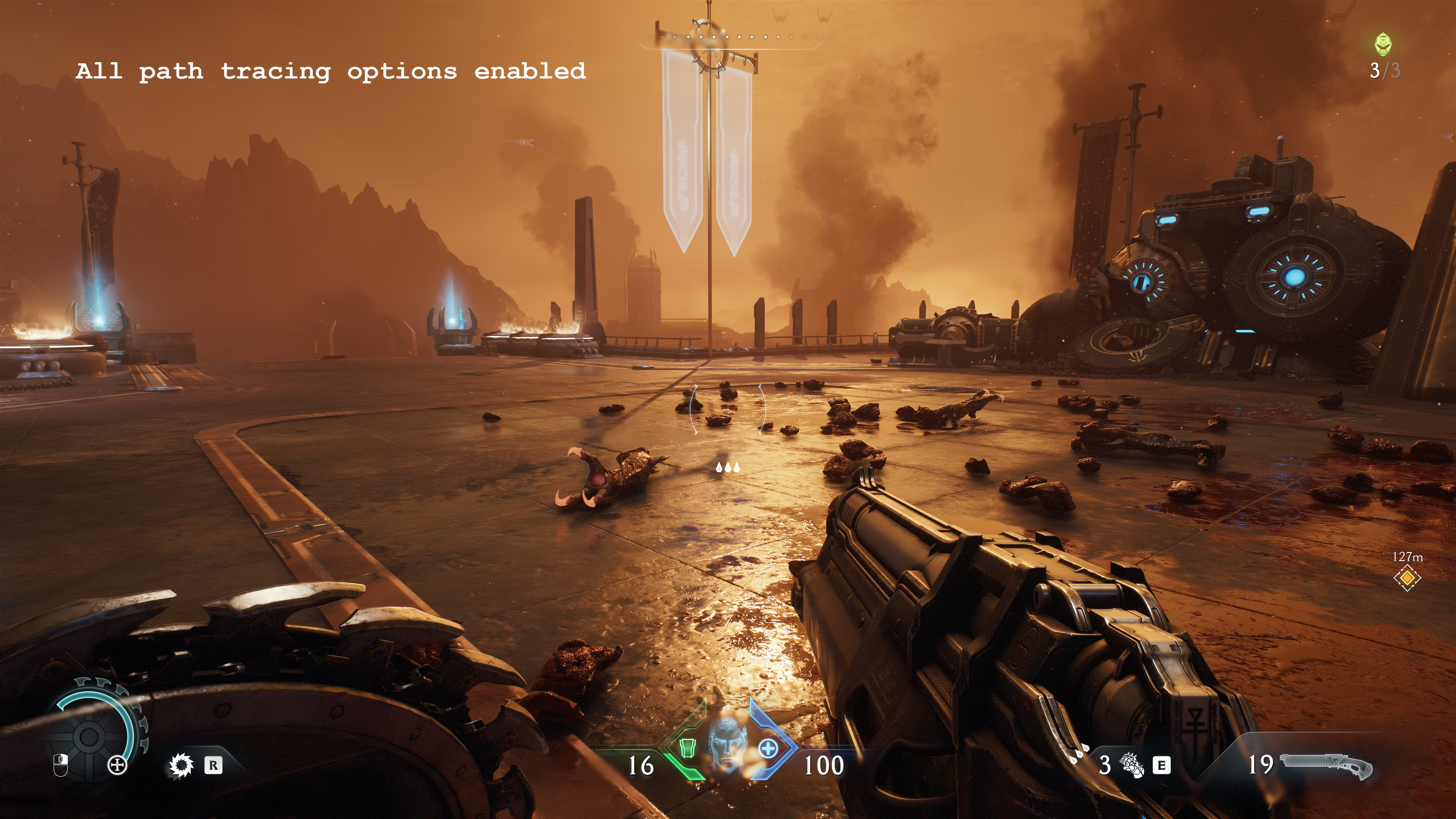 A screenshot of the PC version of Doom: The Dark Ages, showing the visual impact of using path tracing