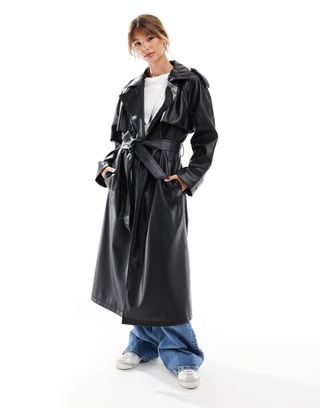 Asos Design Leather Look Trench Coat in Black