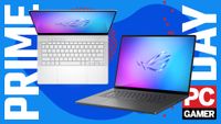 An Asus ROG Zephyrus G14 and Asus ROG Zephyrus G16 gaming laptop on a blue and red Prime Day deals background