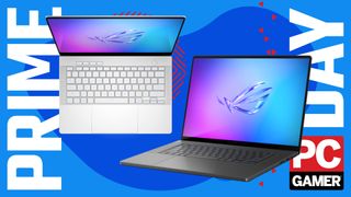 An Asus ROG Zephyrus G14 and Asus ROG Zephyrus G16 gaming laptop on a blue and red Prime Day deals background