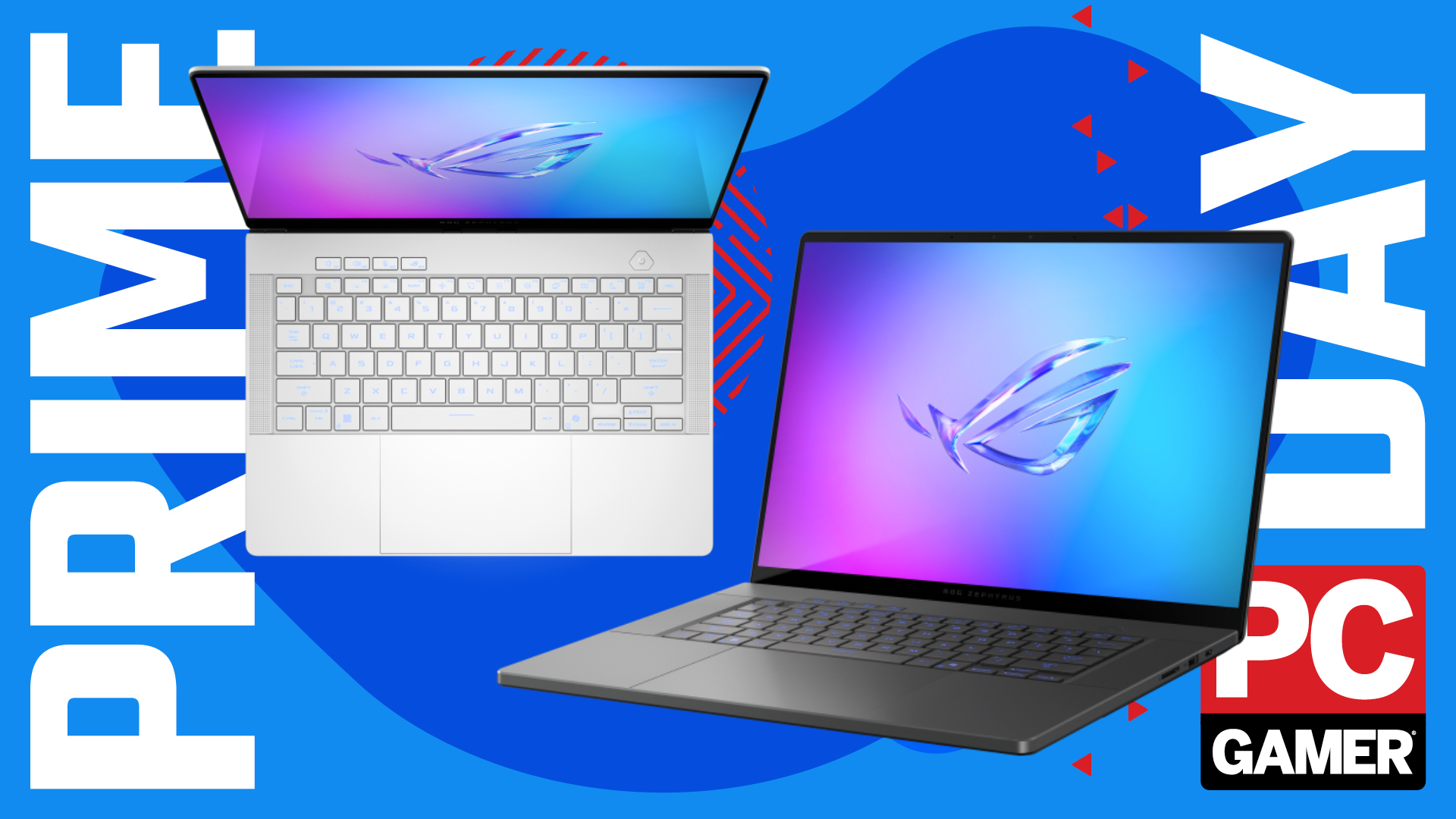 An Asus ROG Zephyrus G14 and Asus ROG Zephyrus G16 gaming laptop on a blue and red Prime Day deals background