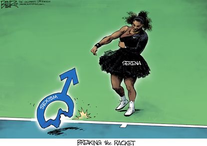 Editorial cartoon U.S. Serena Williams U.S. Open finals sexism double standard