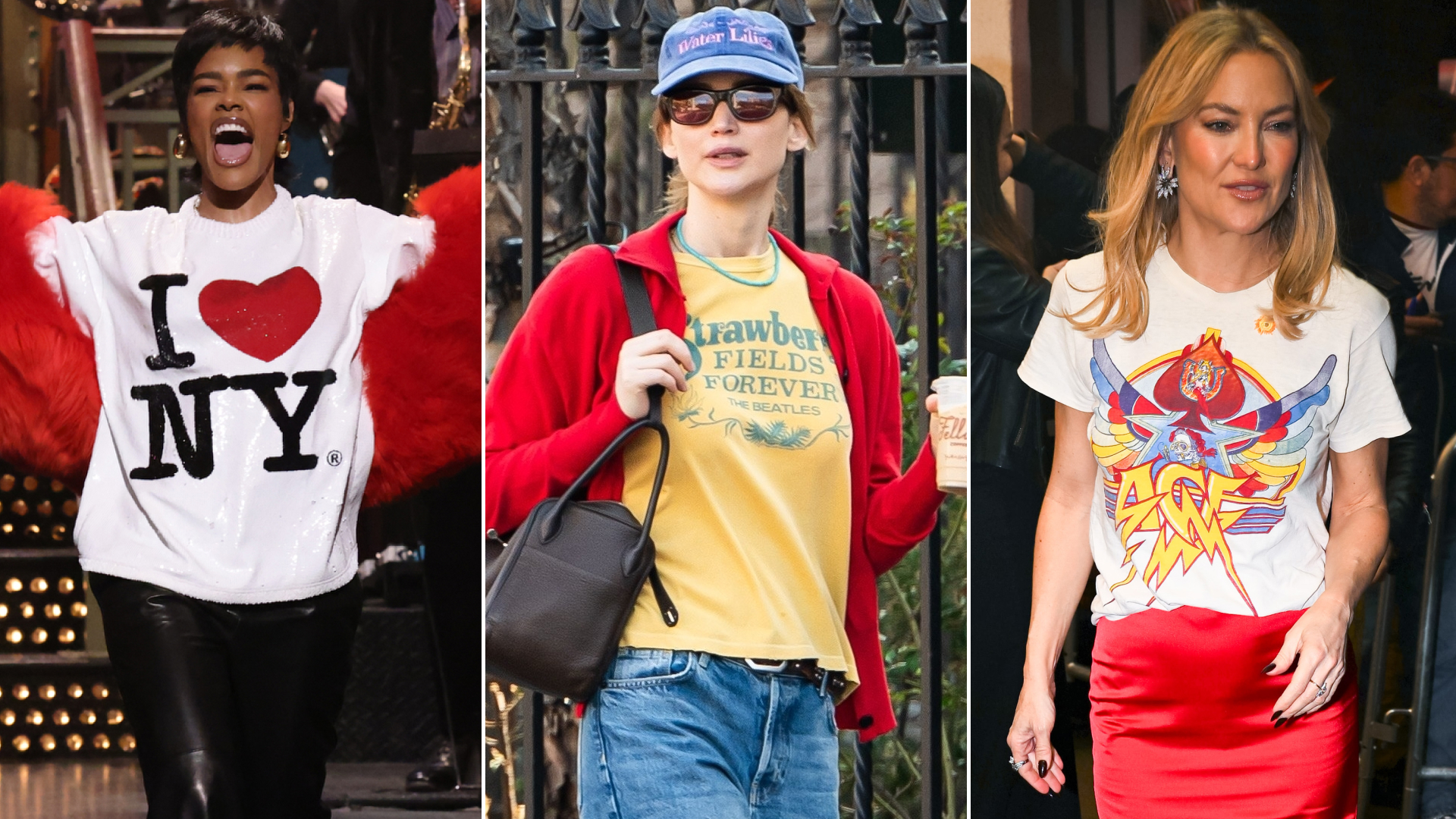 a collage of celebrities wearing the graphic tee trend