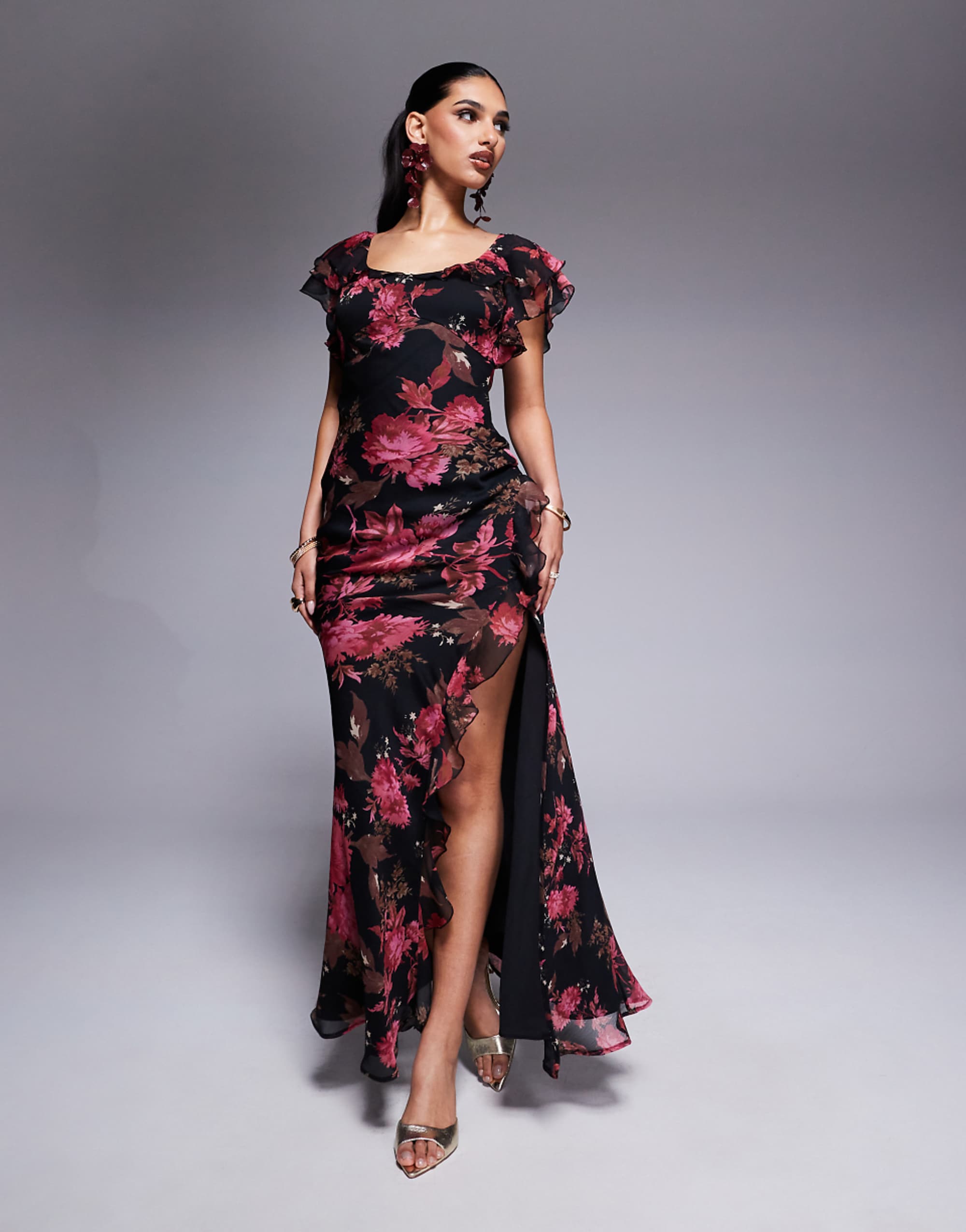 Asos Design Ruffle Flutter Sleeve Maxi Dress With Side Slit in Pink Floral Print