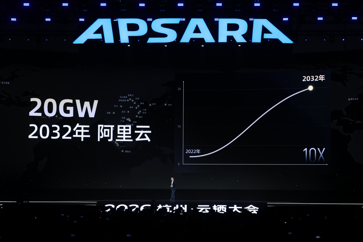 A speaker on stage at Alibaba's 2026 Apsara Conference