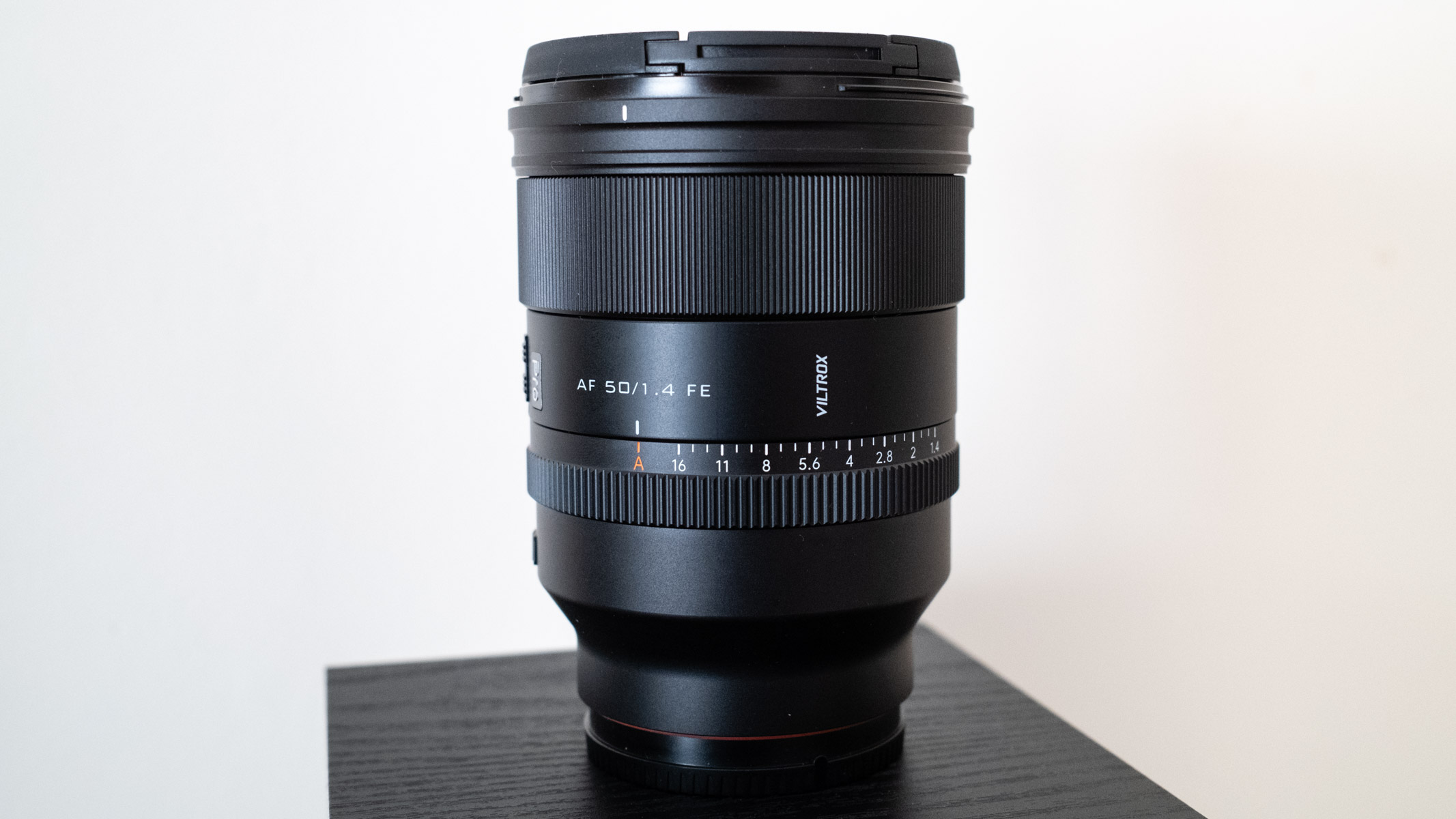 Viltrox AF 50mm f/1.4 Pro FE standing showing the manual aperture ring