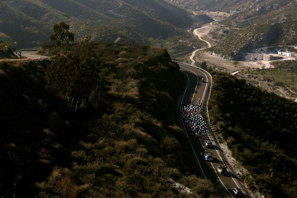 ROQUETAS DE MAR SPAIN FEBRUARY 16 Peloton Alto de Fuente Marbell 262m Mountains Landscape during the 33rd Clsica de Almera 2020 a 1876km stage from Roquetas de Mar to Roquetas de Mar ClasicaAlmeria on February 16 2020 in Roquetas de Mar Spain Photo by Gonzalo Arroyo MorenoGetty Images