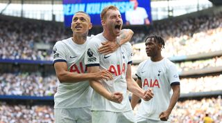 Richarlison and Dejan Kulusevski celebrate as Tottenham come from behind to beat Sheffield United deep into added time in the Premier League in September 2023.