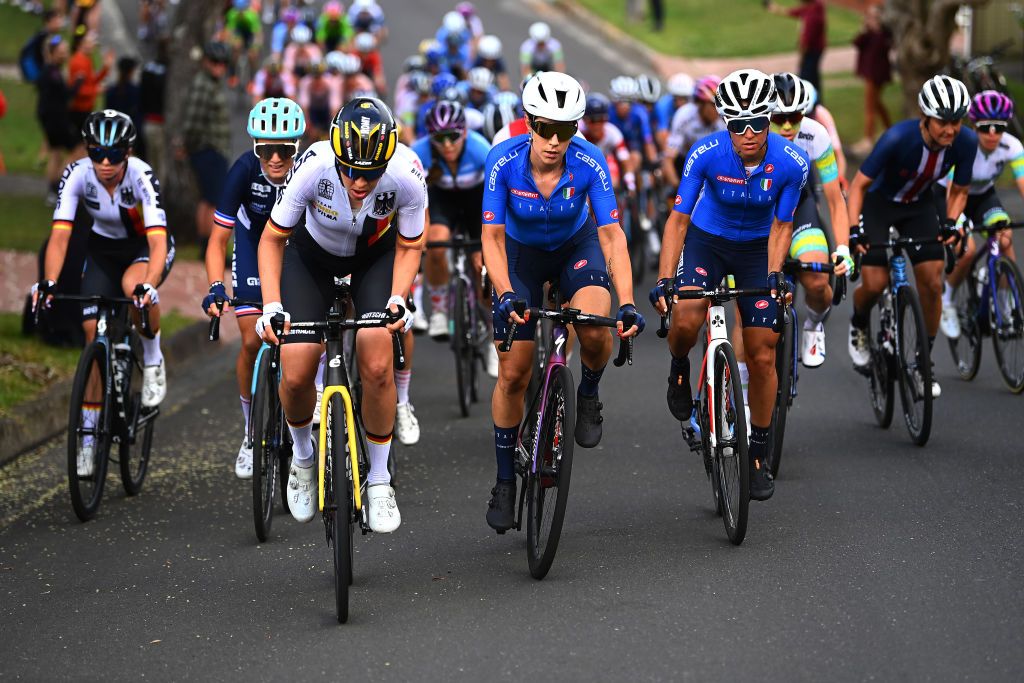 WOLLONGONG AUSTRALIA SEPTEMBER 24 LR Romy Kasper of Germany Elena Cecchini of Italy and Sofia Bertizzolo of Italy compete during the 95th UCI Road World Championships 2022 Women Elite Road Race a 1643km one day race from Wollongong to Wollongong Wollongong2022 on September 24 2022 in Wollongong Australia Photo by Tim de WaeleGetty Images