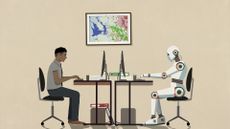 Male knowledge worker working on a desktop computer in a home office environment, with robotic humanoid worker on other side of desk working on computer.