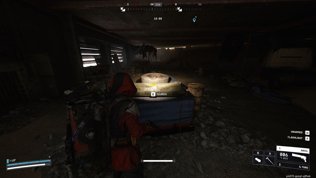 Arc Raiders Rascal: A player looking at a long weapon crate inside a dark parking garage.