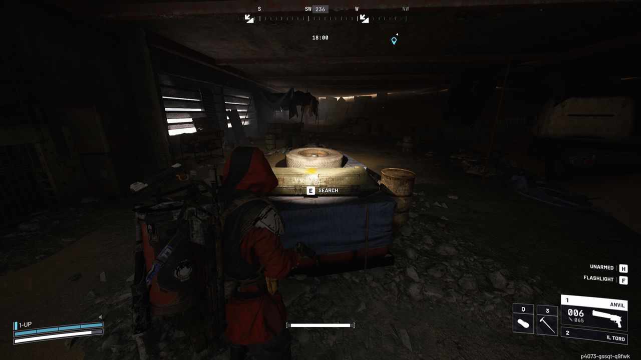 Arc Raiders Rascal: A player looking at a long weapon crate inside a dark parking garage.
