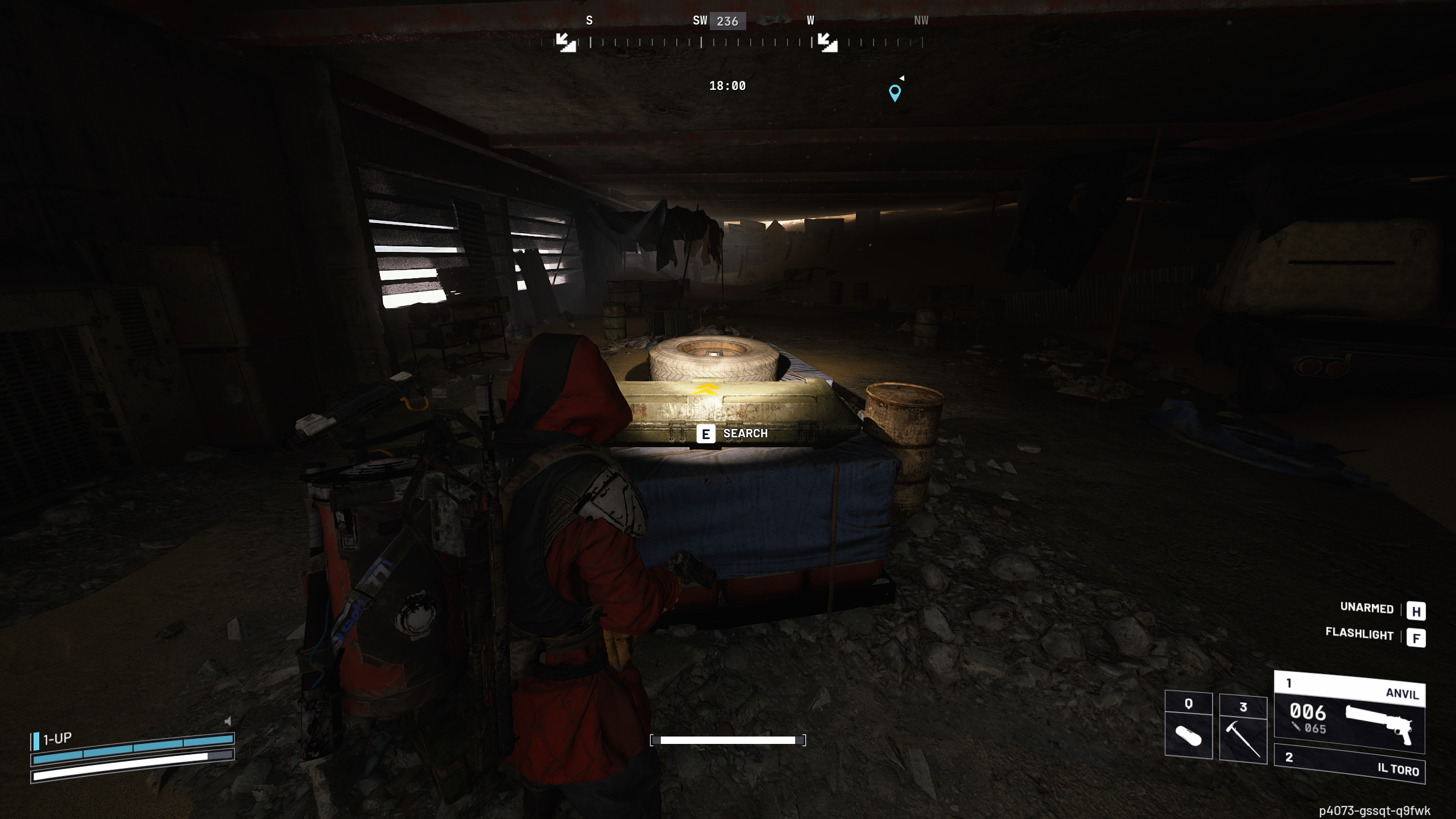 Arc Raiders Rascal: A player looking at a long weapon crate inside a dark parking garage.