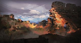 Dramatic landscape painting shows crumbling ancient ruins
