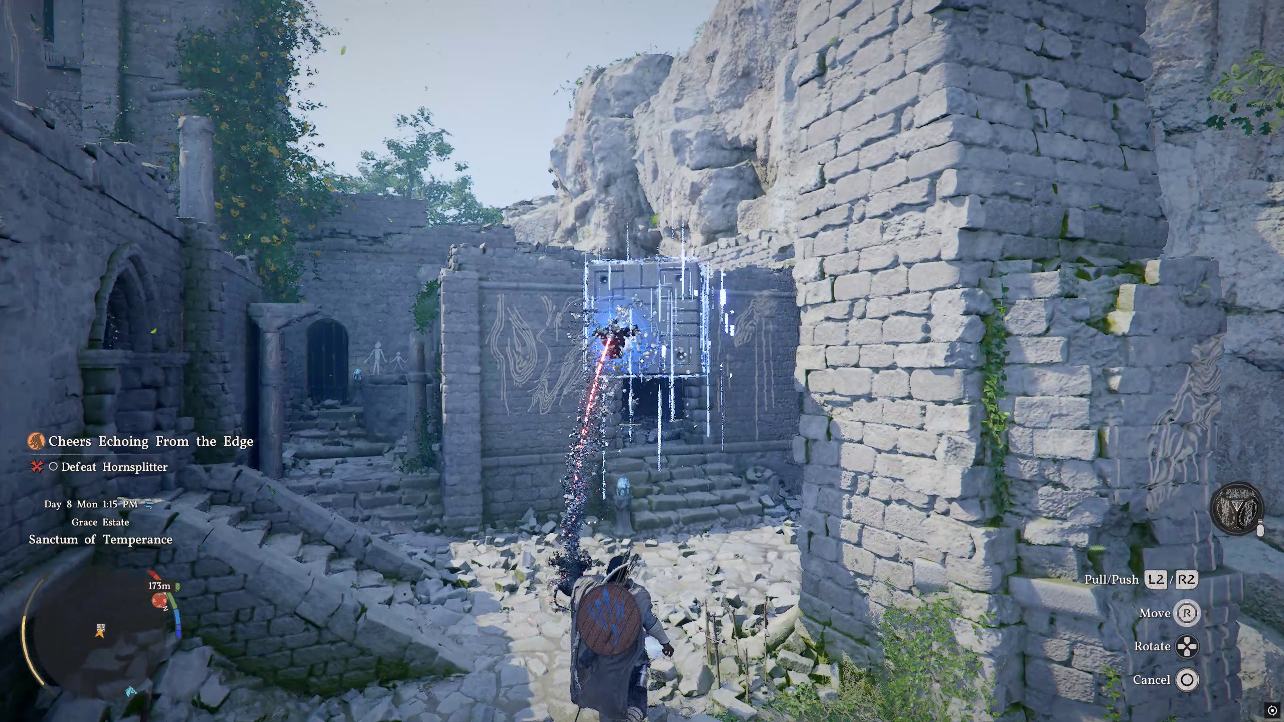 Kliff grapples a stone cube with his magical Axiom bracelet grip.