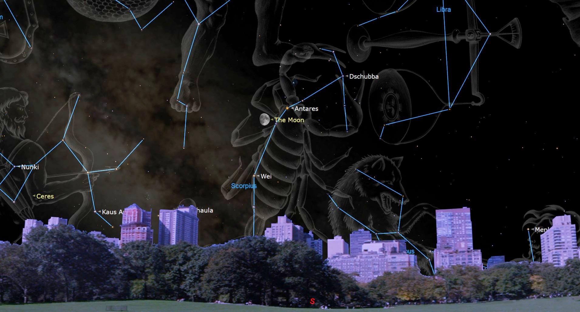 Lush trees on a low horizon obscure taller buildings in the background. Above a large night sky shows a giant transparent scorpion erupting from below, its body and claws reaching upward. Other figures, an ancient man with a bow and arrow, a sideways antique scale, and a wolf just below the scorpion's belly. Blue lines form the skeletons of the characters, connecting stars to signify constellations.