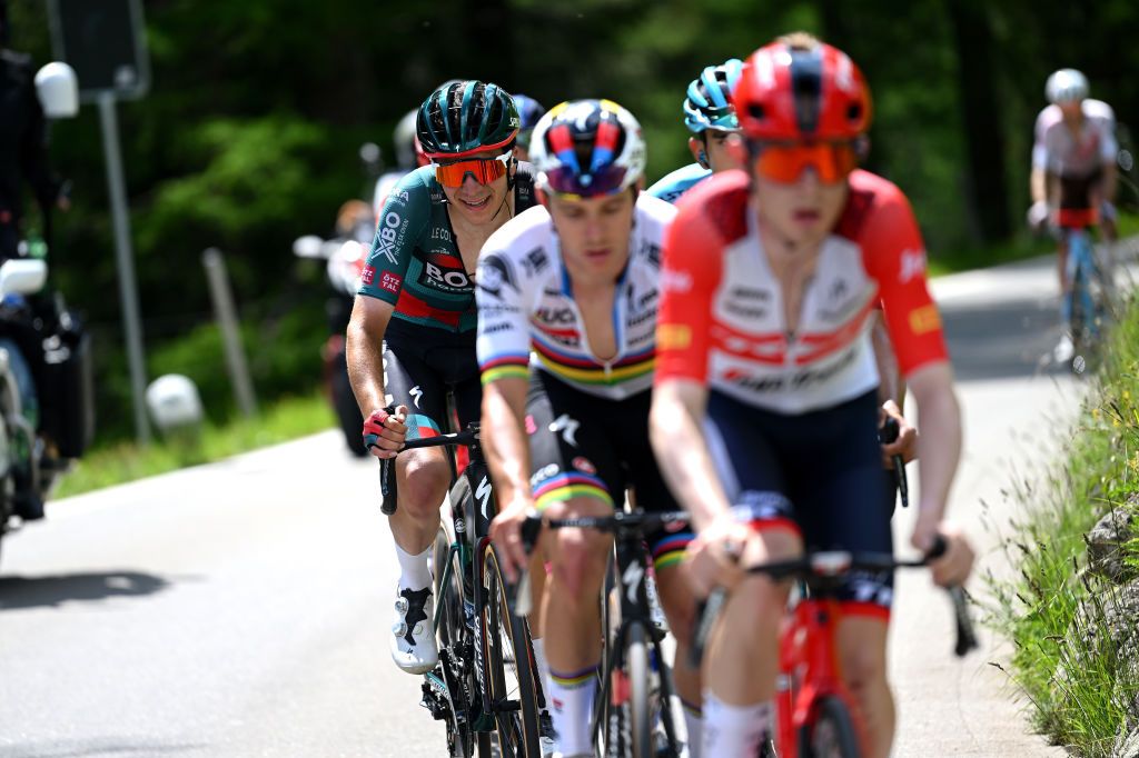 LA PUNT SWITZERLAND JUNE 15 Cian Uijtdebroeks of Belgium and Team BORAHansgrohe competes in the chase group during the 86th Tour de Suisse 2023 Stage 5 a 211km stage from Fiesch to La Punt 1696m UCIWT on June 15 2023 in La Punt Switzerland Photo by Dario BelingheriGetty Images