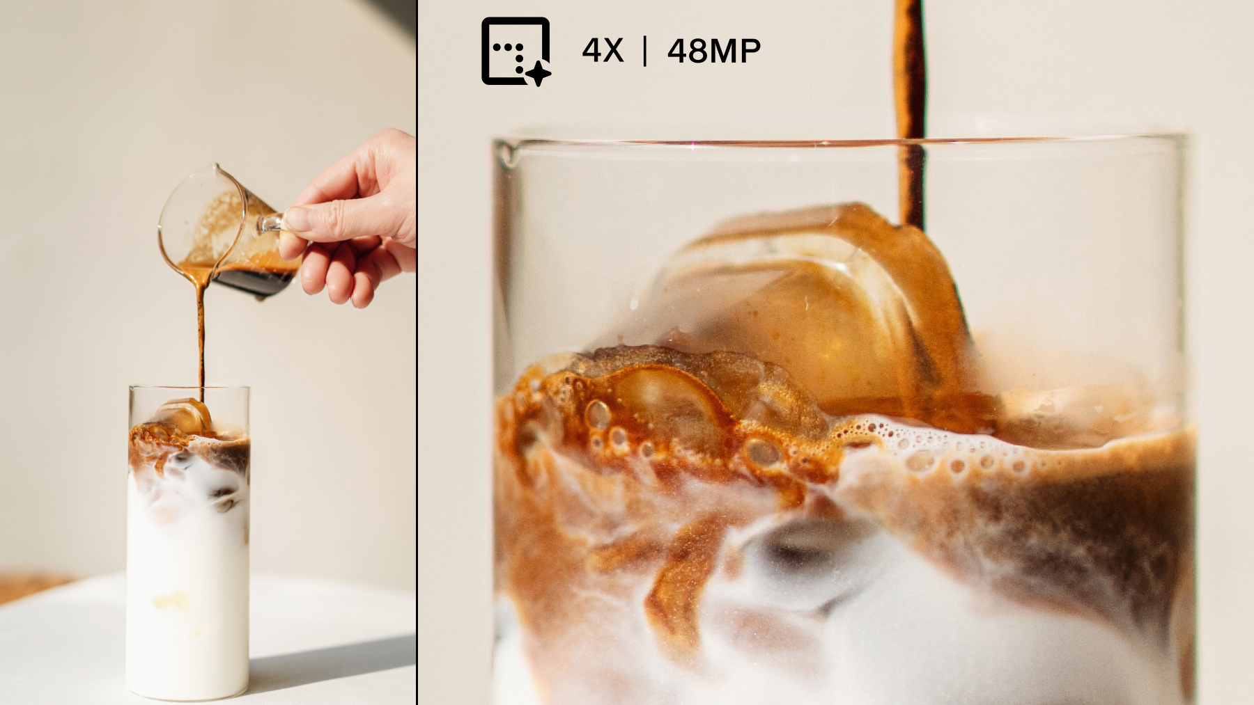 An upscaled image of ice coffee being poured