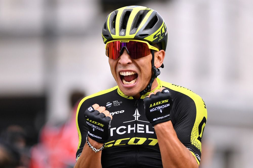 Caleb Ewan (Mitchelton-Scott) celebrates winning in London