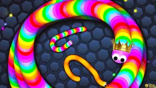 Two colourful worms caught within a larger rainbow-coloured worm with googly eyes