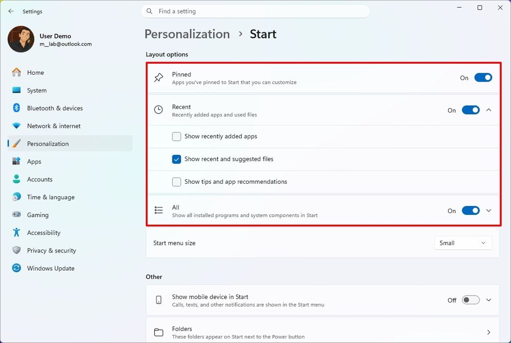 Settings window displaying Personalization options with Start menu layout choices and toggle switches.