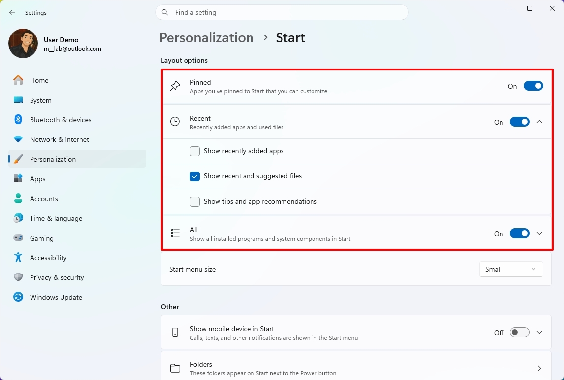 Settings window displaying Personalization options with Start menu layout choices and toggle switches.