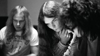 (from left) Ronnie Van Zant, Gary Rossington and producer Al Kooper work on '(Pronounced ’Leh-’nérd ’Skin-’nérd)' at Studio One, Doraville Atlanta, Georgia, May 6, 1973.