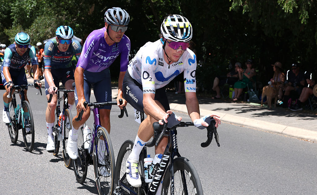 STIRLING, AUSTRALIA - JANUARY 25: Pavel Novak of Czech Republic and Movistar Team leads the breakaway during the 26th Santos Tour Down Under 2026, Stage 5 a 169.8km stage from Stirling to Stirling / #UCIWT / on January 25, 2026 in Stirling, Australia. (Photo by Con Chronis/Getty Images)