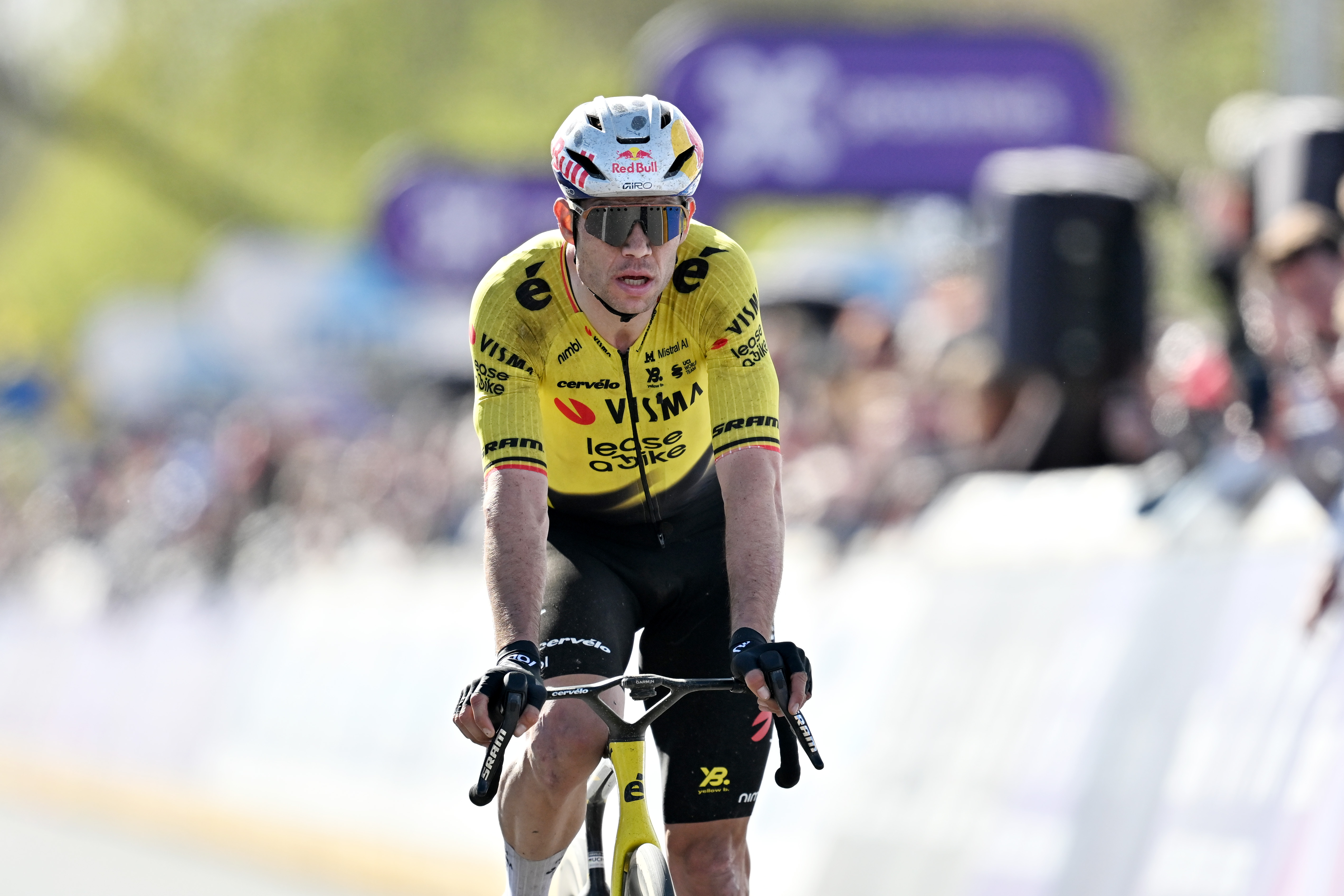 OUDENAARDE, BELGIUM - APRIL 05: Wout van Aert of Belgium and Team Visma | Lease a Bike crosses the finish line during the 110th Tour of Flanders - Ronde van Vlaanderen 2026 - Men&amp;amp;apos;s Elite a 278.6km one day race from Antwerp to Oudenaarde / #UCIWT / on April 05, 2026 in Oudenaarde, Belgium. (Photo by Dario Belingheri/Getty Images)