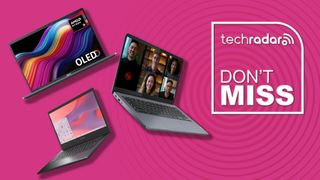 Three laptops against a pink TechRadar background