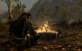 Best Skyrim mods — the Dragonborn sits before a campfire.