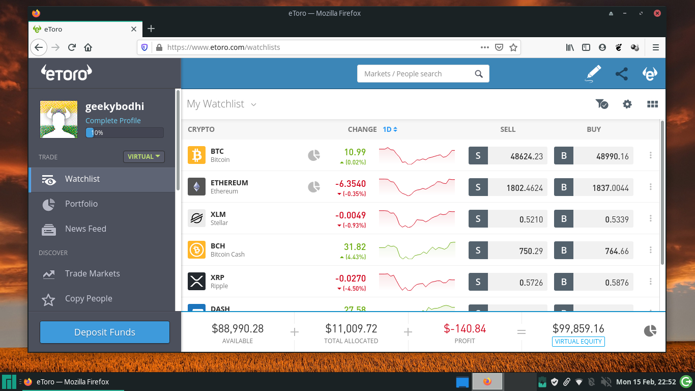 Screenshot of the eToro trading platform