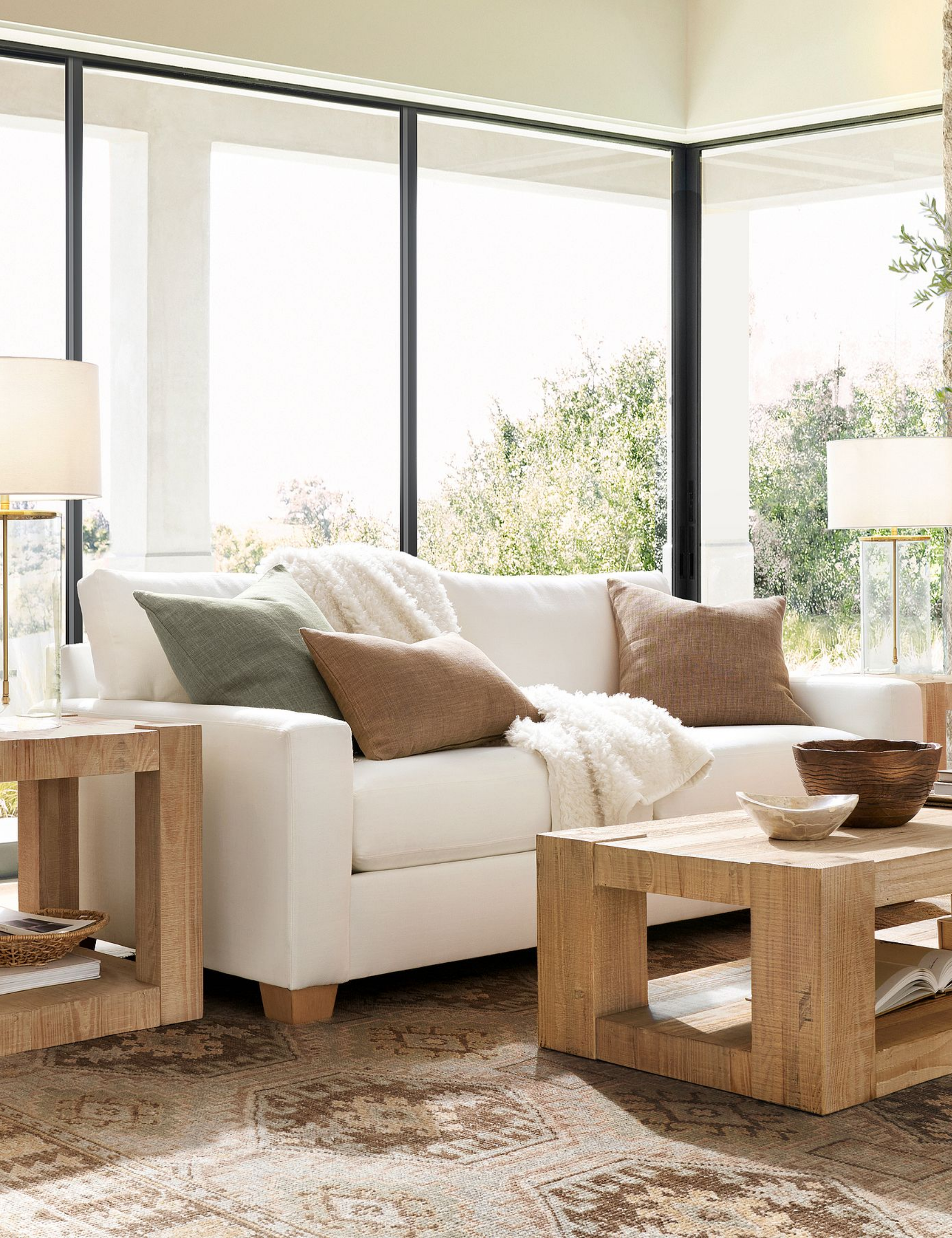 pottery barn white living room with white traditional couch, vintage style rug and a navy armchair