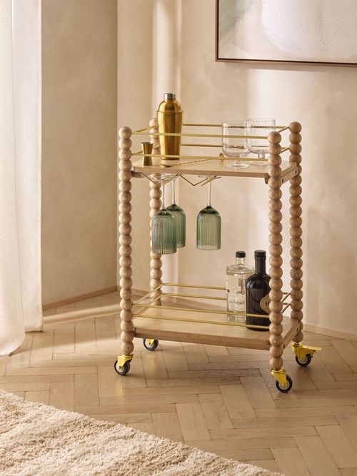 Natural Wood Bobbin Bar Trolley