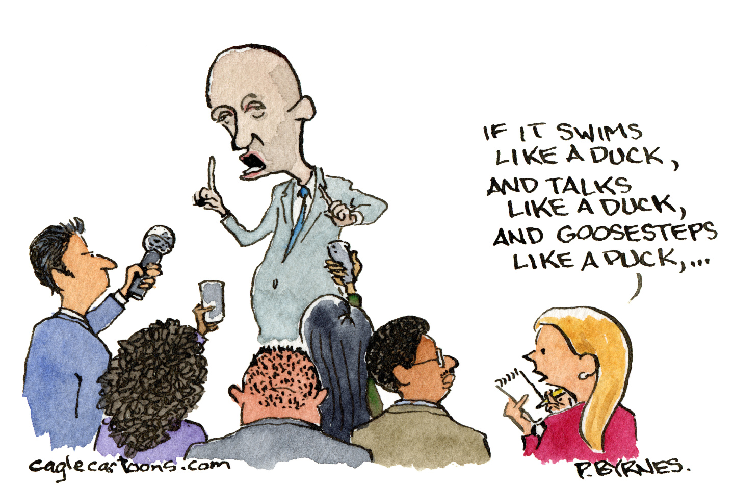 This political cartoon depicts Stephen Miller speaking to a group of reporters. One reporter says to another, &amp;ldquo;If it swims like a duck, and talks like a duck, and goosesteps like a duck&amp;hellip;&amp;rdquo;