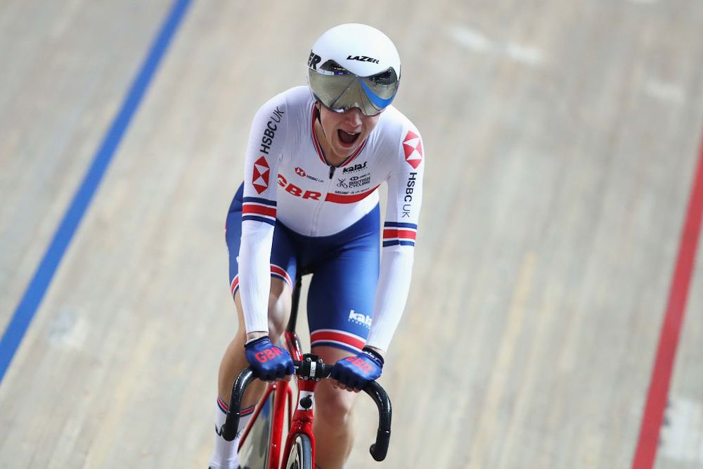 Elinor Barker of Great Britain celebrates winning the Women's scratch 10k on day one of the UCI Track Cycling World Championships